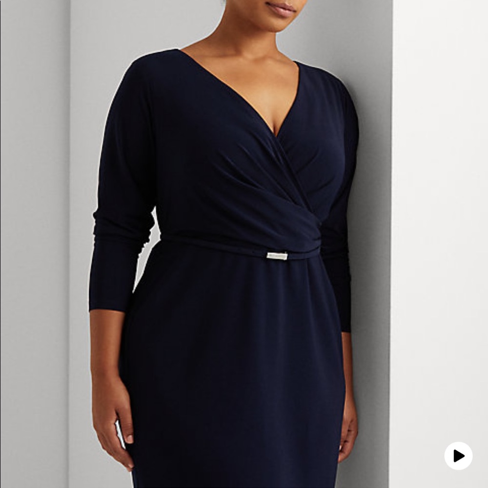 Ralph Lauren Navy Wrap Belted Dress Gold Size 10